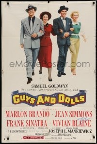 3d129 GUYS & DOLLS signed 1sh 1955 by BOTH Jean Simmons AND Vivian Blaine, with Brando & Sinatra!