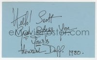 3d346 HOWARD DUFF signed 3x5 index card 1980 it can be framed & displayed with a repro!