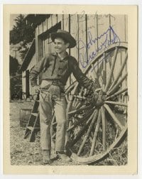 3d274 JOHNNY CRAWFORD signed 4x5 photo 1970s leaning on wagon wheel by barn in The Rifleman!