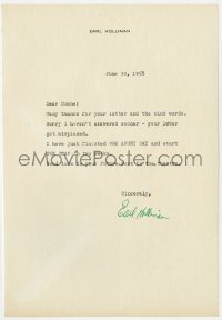3d217 EARL HOLLIMAN signed letter 1958 thanking a fellow actor for his letter & kind words!