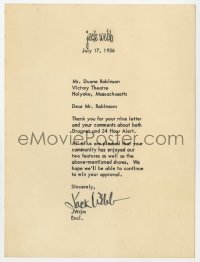 3d220 JACK WEBB signed letter 1956 on his stationery, thanking a fan for his nice letter!