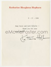 3d224 KATHARINE HEPBURN signed letter 1985 on her personal stationery thanking a fan for writing!