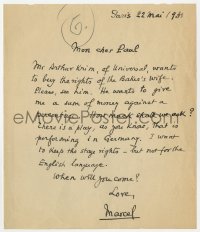 3d227 MARCEL PAGNOL signed letter 1931 asking how much to charge for the rights to The Baker's Wife!