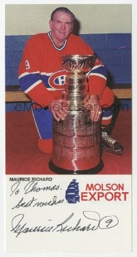 3d413 MAURICE RICHARD signed 4x8 publicity card 1990s the Montreal Canadiens hockey player!