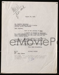 3d230 MICHAEL CURTIZ signed letter + script outline 1959 wanting Maurice Chevalier for his new pic!