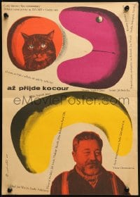 3f319 WHEN THE CAT COMES Czech 12x17 1963 cat wears glasses to block its special powers, Fiser!
