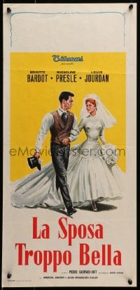 3f809 BRIDE IS MUCH TOO BEAUTIFUL Italian locandina 1958 art of Brigitte Bardot in wedding dress!