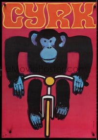 3g252 CYRK 26x38 Polish commercial poster 1980 circus, Gorka art of chimp on bicycle!