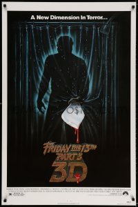 3g736 FRIDAY THE 13th PART 3 - 3D 1sh 1982 slasher sequel, art of Jason stabbing through shower!