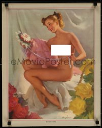 3g008 GIL ELVGREN calendar 1950s sexy nude pinup art of woman surrounded by colorful flowers!