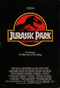 3g798 JURASSIC PARK DS 1sh 1993 Steven Spielberg, classic logo with T-Rex over red background