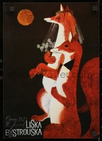 3g364 LISKA BYSTROUSKA 12x17 Czech stage poster 1990s art of two foxes getting married!