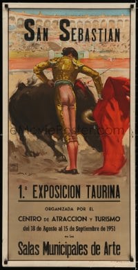 3g219 SAN SEBASTIAN 1.A EXPOSICION TAURINA 21x42 Spanish museum/art exhibition 1951 art by Reus!