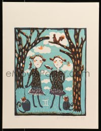 3g074 UNKNOWN ART PRINT signed #49/120 14x18 art print 1999 children with cats in the forest!