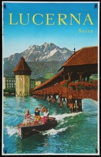 3g040 LUCERNA SUIZA printer's test 27x42 Swiss travel poster 1960s boat by the Kapellbrucke!
