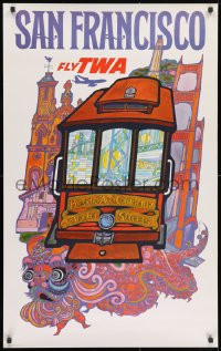 3g043 TWA SAN FRANCISCO 25x40 travel poster 1960s fantastic art of cable car & city by David Klein!