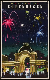3g032 WONDERFUL COPENHAGEN 24x39 Danish travel poster 1965 Asmussen art of fireworks over Tivoli!