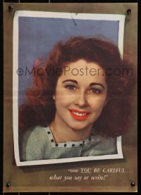 3g029 NOW YOU BE CAREFUL 14x20 WWII war poster 1945 image of a smiling woman popping out of photo!