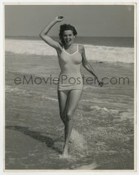3h451 JANE RUSSELL deluxe 7.75x9.75 still 1942 full-length in sexy swimsuit smiling at the beach!