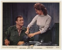 3h045 JET PILOT color 8x10 still 1957 Janet Leigh pouring coffee for John Wayne, Howard Hughes