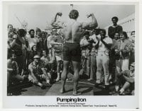 3h740 PUMPING IRON 8x10.25 still 1977 young bodybuilder Arnold Schwarzenegger flexes for crowd!