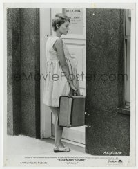 3h785 ROSEMARY'S BABY 8x10 still 1968 Mia Farrow with suitcase standing outside doctor's office!