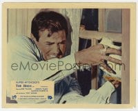 3h028 BIRDS color English FOH LC 1963 Hitchcock, c/u of Rod Taylor trying to stop them at window!