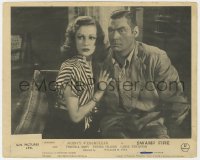 3h859 SWAMP FIRE English FOH LC 1946 best close up of Johnny Weissmuller & scared Virginia Grey!