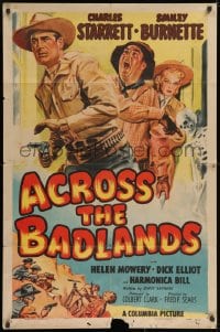 3j013 ACROSS THE BADLANDS 1sh 1950 cool artwork of cowboy Charles Starrett, Smiley Burnette!