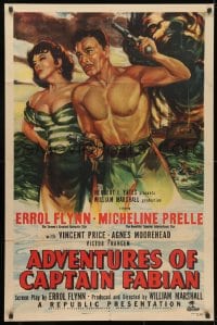 3j014 ADVENTURES OF CAPTAIN FABIAN 1sh 1951 art of barechested Errol Flynn & sexy Micheline Presle!
