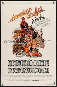 3j032 AMERICAN GRAFFITI 1sh R1978 George Lucas, great wacky Mort Drucker artwork of cast & images!