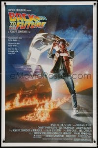 3j057 BACK TO THE FUTURE studio style 1sh 1985 art of Michael J. Fox & Delorean by Drew Struzan!