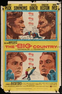 3j078 BIG COUNTRY 1sh 1958 Gregory Peck, Charlton Heston, William Wyler classic, cool art!