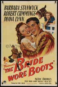 3j112 BRIDE WORE BOOTS 1sh 1946 romantic art of Barbara Stanwyck & Robert Cummings!