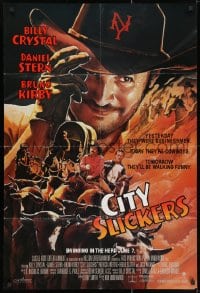 3j158 CITY SLICKERS advance 1sh 1991 great artwork of cowboys Billy Crystal & Daniel Stern!