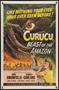 3j188 CURUCU, BEAST OF THE AMAZON 1sh 1956 Universal horror, cool monster art by Reynold Brown!
