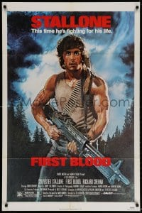 3j291 FIRST BLOOD 1sh 1982 artwork of Sylvester Stallone as John Rambo by Drew Struzan!