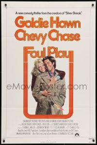 3j305 FOUL PLAY 1sh 1978 wacky Lettick art of Goldie Hawn & Chevy Chase, screwball comedy!