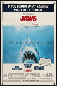 3j454 JAWS 1sh R1979 art of Steven Spielberg's classic man-eating shark attacking nude swimmer!