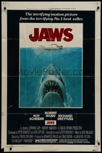 3j453 JAWS 1sh 1975 art of Steven Spielberg's classic man-eating shark attacking swimmer!