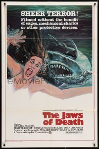 3j456 JAWS OF DEATH 1sh 1976 great artwork image of giant shark underwater w/ terrified sexy woman!