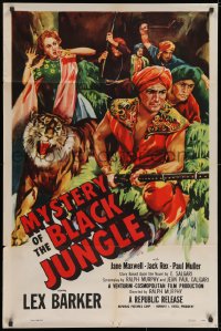 3j599 MYSTERY OF THE BLACK JUNGLE 1sh 1955 art of Lex Barker w/rifle by tiger hunting in India!