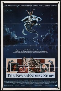 3j609 NEVERENDING STORY 1sh 1984 Wolfgang Petersen, fantasy art of Falcor & cast by Ezra Tucker!