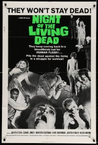 3j611 NIGHT OF THE LIVING DEAD 1sh 1968 George Romero zombie classic, light green title design!