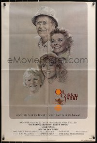 3j634 ON GOLDEN POND 1sh 1981 art of Hepburn, Henry Fonda, and Jane Fonda by C.D. de Mar