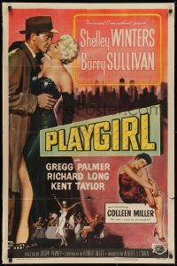 3j680 PLAYGIRL 1sh 1954 Barry Sullivan, there's a price tag on sexy Shelley Winters' kisses!