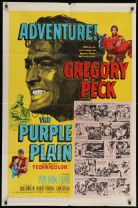 3j699 PURPLE PLAIN 1sh 1955 great artwork of Gregory Peck, written by Eric Ambler!