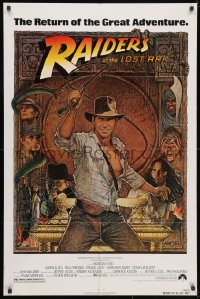 3j707 RAIDERS OF THE LOST ARK 1sh R1982 great Richard Amsel art of adventurer Harrison Ford!