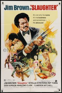 3j816 SLAUGHTER 1sh 1972 AIP, G. Akimoto artwork of shotgun-blasting Jim Brown & sexy girl!