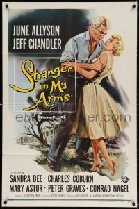 3j856 STRANGER IN MY ARMS 1sh 1959 art of Jeff Chandler holding pretty June Allyson!